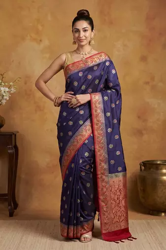 Navy blue silk blend woven saree with blouse