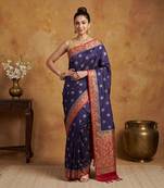 Navy blue silk blend woven saree with blouse