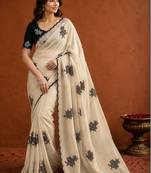 Off white ethnic motifs embroidered art silk saree
