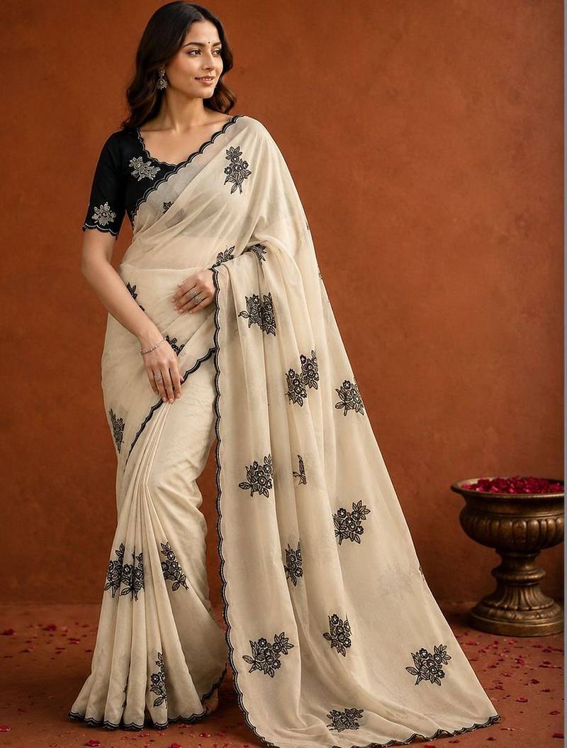 Off white ethnic motifs embroidered art silk saree