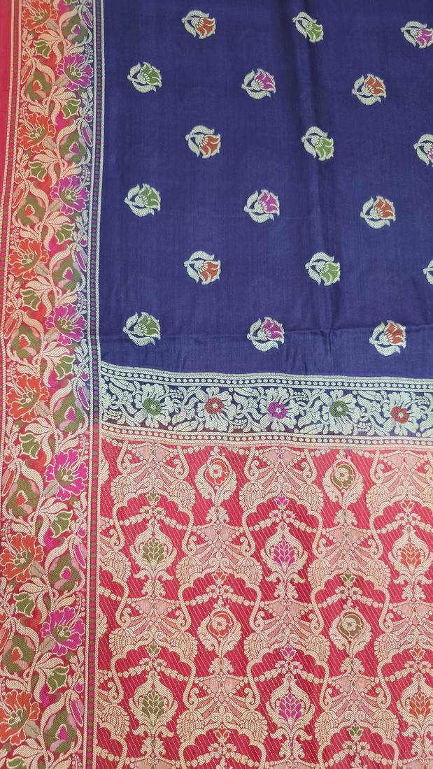 Navy blue silk blend woven saree with blouse