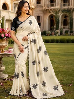 Off white ethnic motifs embroidered art silk saree 3