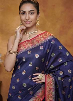 Navy blue silk blend woven saree with blouse 3