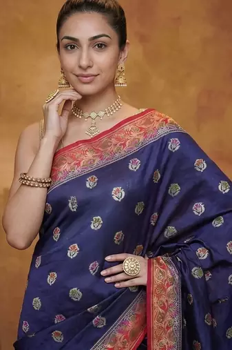 Navy blue silk blend woven saree with blouse