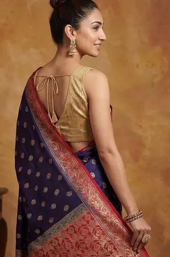 Navy blue silk blend woven saree with blouse