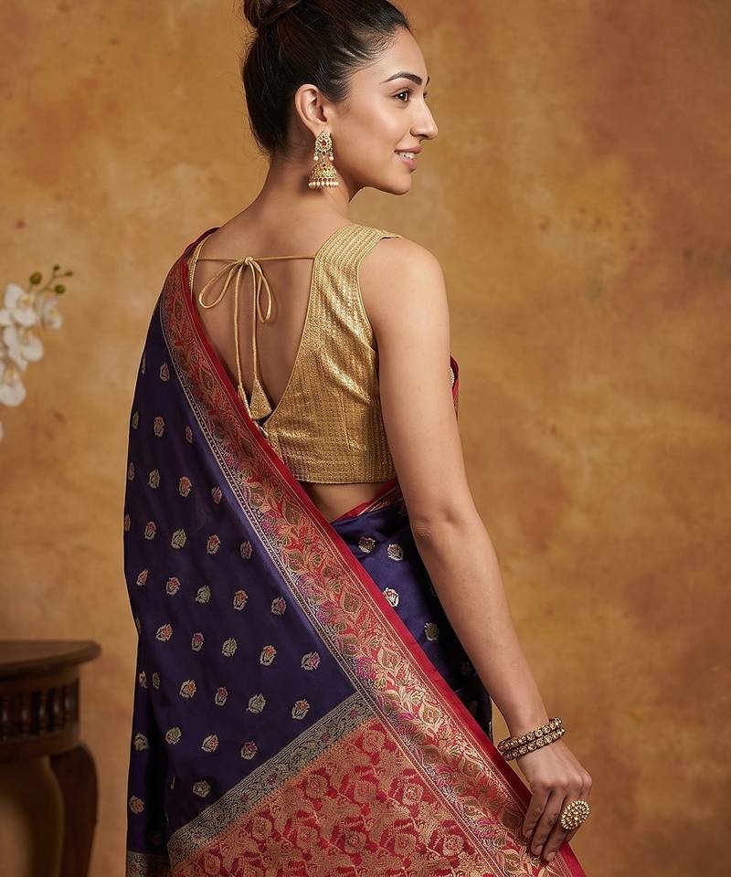Navy blue silk blend woven saree with blouse