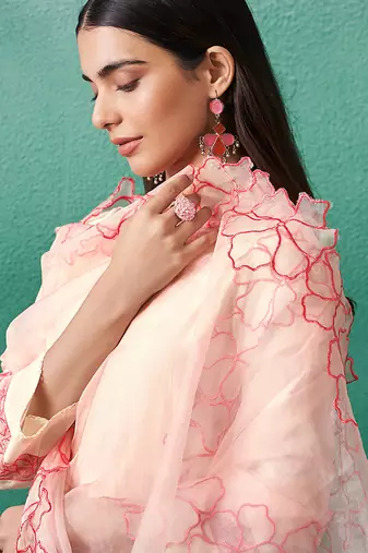 Off white embroidered silk blend kurta trouser dupatta set
