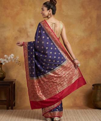 Navy blue silk blend woven saree with blouse 5
