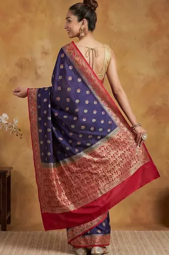 Navy blue silk blend woven saree with blouse