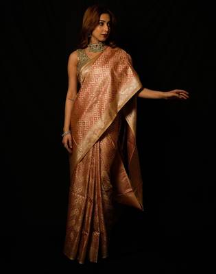 Beige satin woven saree with blouse 1
