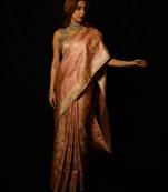 Beige satin woven saree with blouse