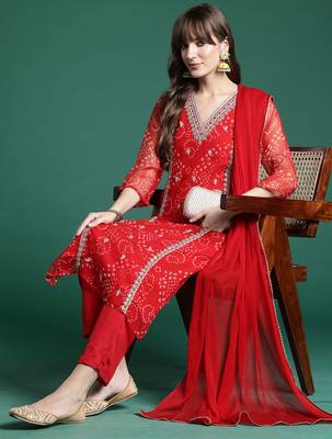 Red embroidered silk chiffon kurta trouser dupatta set 1