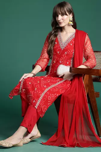 Red embroidered silk chiffon kurta trouser dupatta set