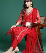 Red embroidered silk chiffon kurta trouser dupatta set