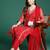 Red embroidered silk chiffon kurta trouser dupatta set