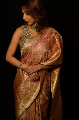 Beige satin woven saree with blouse