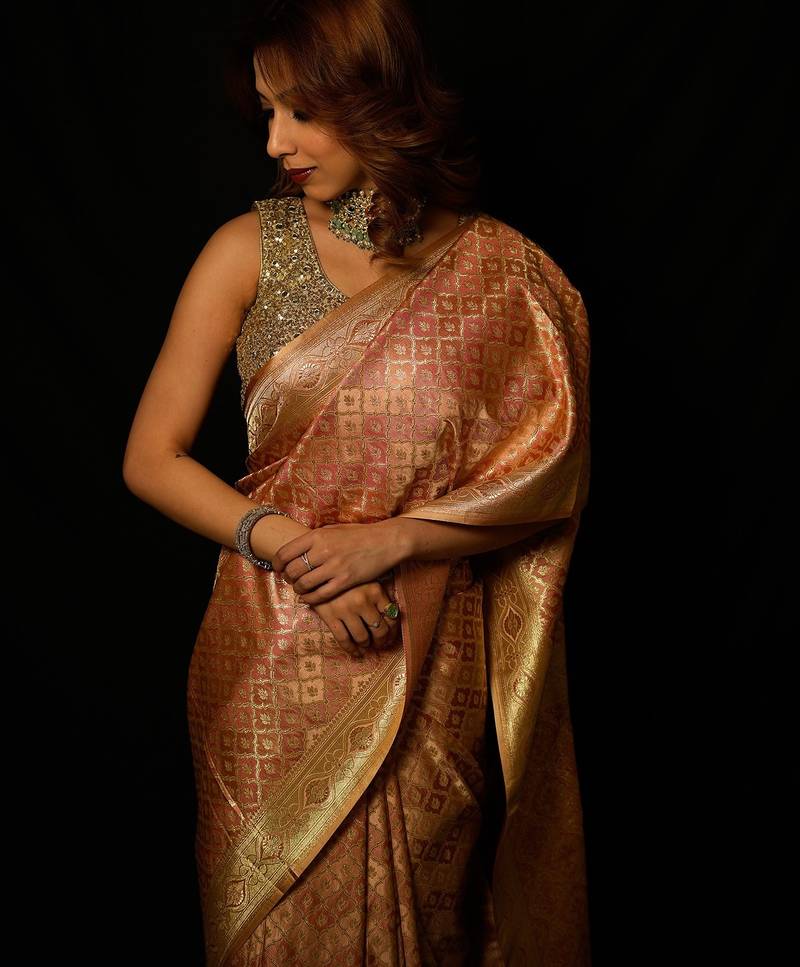Beige satin woven saree with blouse