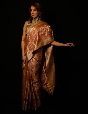 Beige satin woven saree with blouse 3