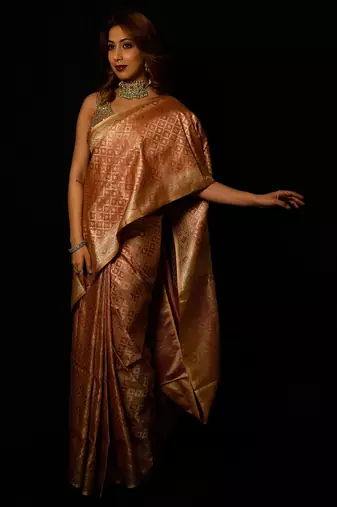 Beige satin woven saree with blouse