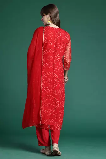 Red embroidered silk chiffon kurta trouser dupatta set