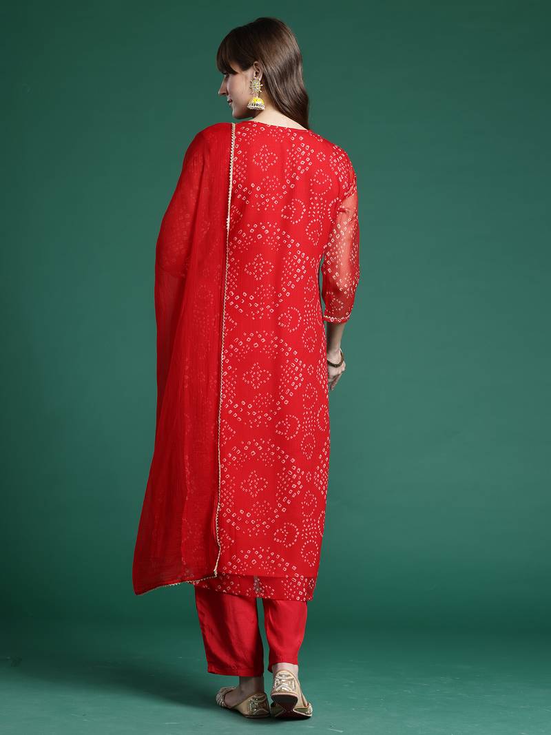 Red embroidered silk chiffon kurta trouser dupatta set