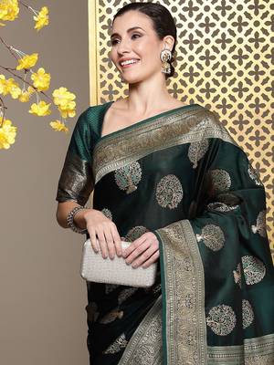 Green woven design ethnic motifs zari satin banarasi saree 1