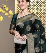 Green woven design ethnic motifs zari satin banarasi saree