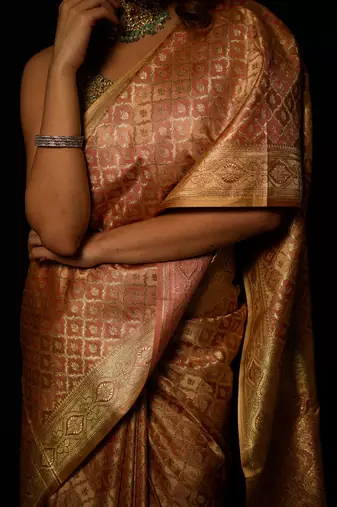 Beige satin woven saree with blouse