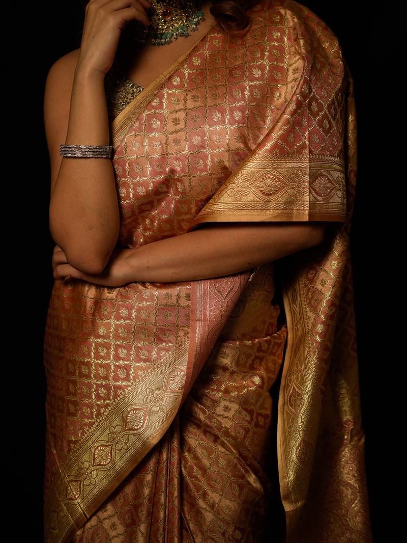Beige satin woven saree with blouse