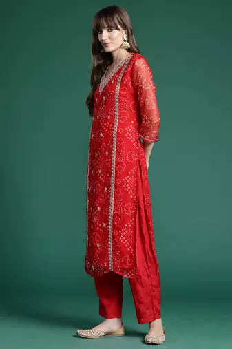 Red embroidered silk chiffon kurta trouser dupatta set