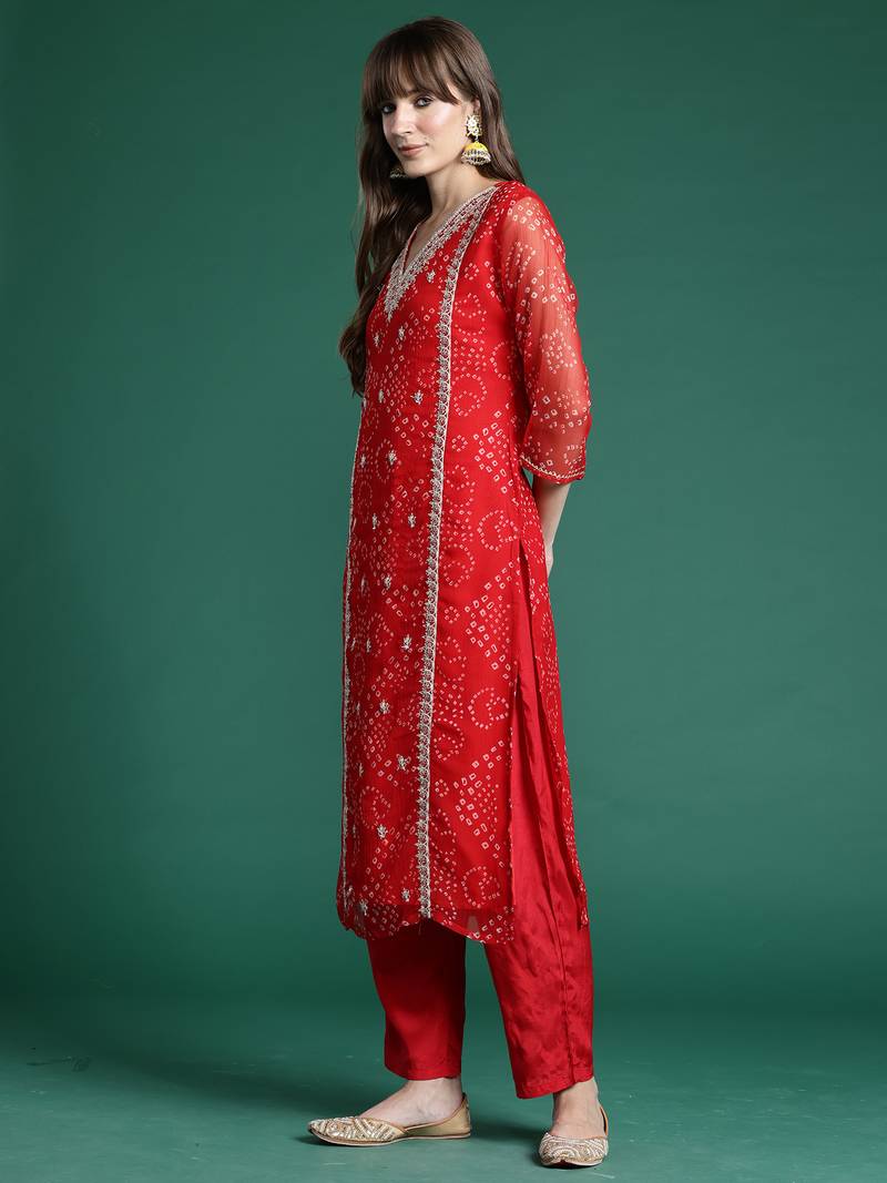 Red embroidered silk chiffon kurta trouser dupatta set