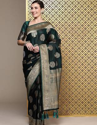 Green woven design ethnic motifs zari satin banarasi saree 2