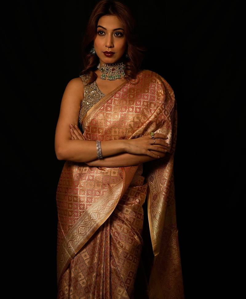 Beige satin woven saree with blouse