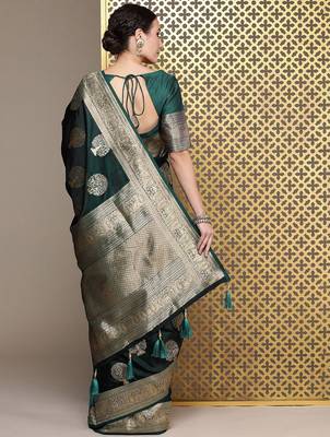 Green woven design ethnic motifs zari satin banarasi saree 3