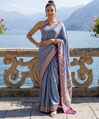 Sky blue satin woven saree with blouse 1