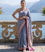 Sky blue satin woven saree with blouse