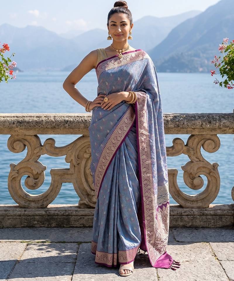 Sky blue satin woven saree with blouse