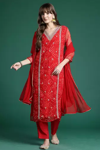 Red embroidered silk chiffon kurta trouser dupatta set