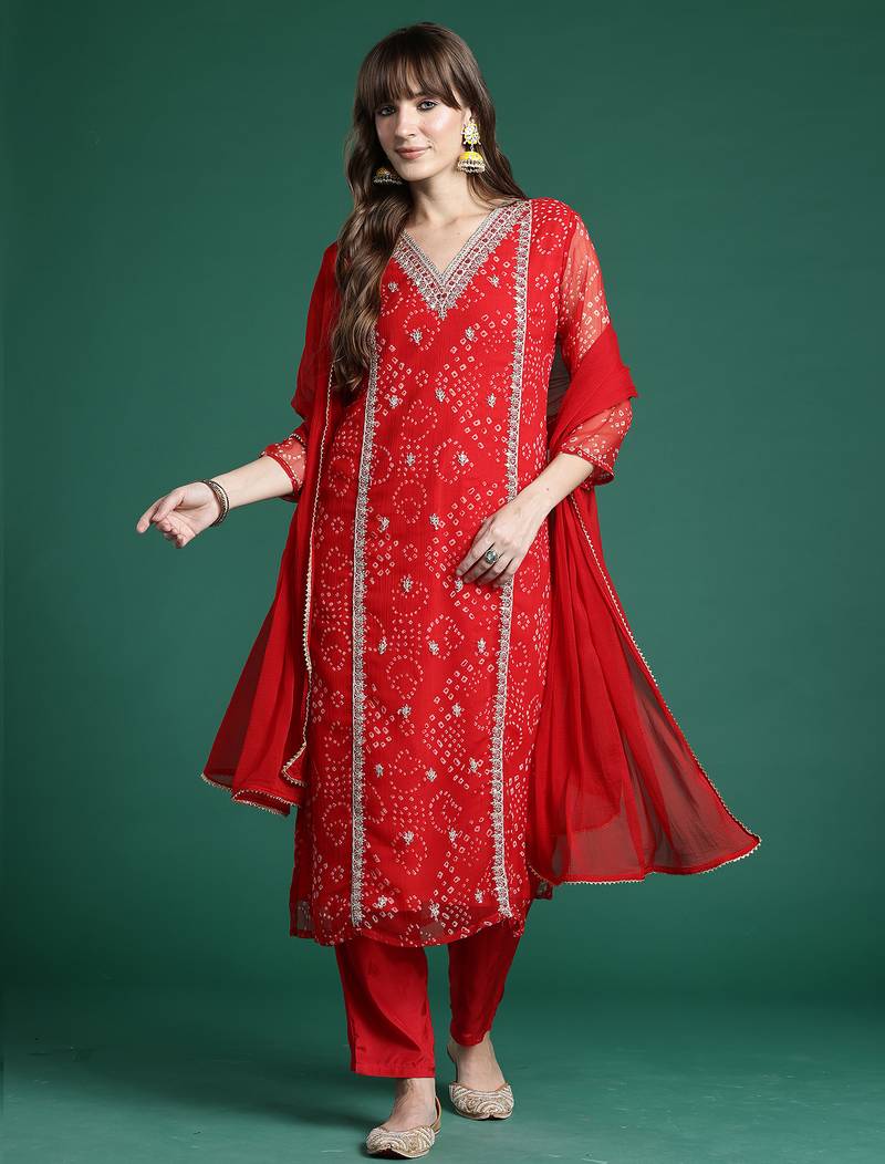 Red embroidered silk chiffon kurta trouser dupatta set