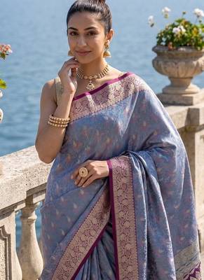 Sky blue satin woven saree with blouse 3