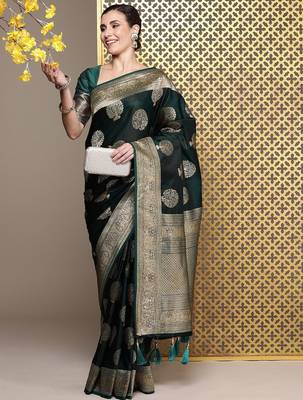 Green woven design ethnic motifs zari satin banarasi saree 4