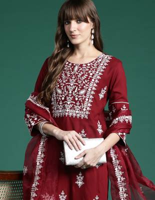 Maroon embroidered viscose rayon kurta trouser dupatta set 1