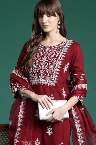 Maroon embroidered viscose rayon kurta trouser dupatta set