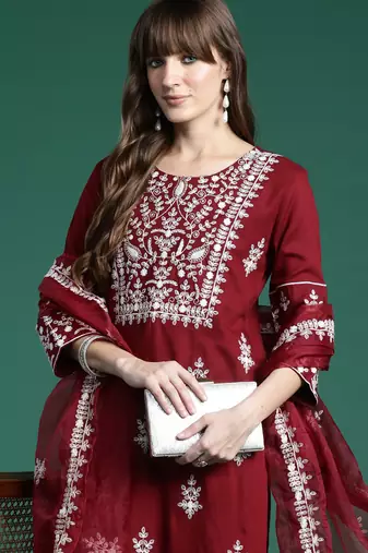 Maroon embroidered viscose rayon kurta trouser dupatta set
