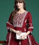 Maroon embroidered viscose rayon kurta trouser dupatta set