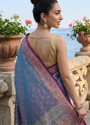 Sky blue satin woven saree with blouse 4