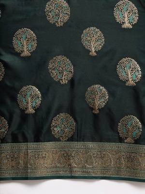 Green woven design ethnic motifs zari satin banarasi saree 5