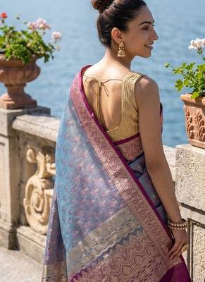 Sky blue satin woven saree with blouse 5