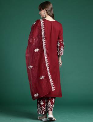 Maroon embroidered viscose rayon kurta trouser dupatta set 2