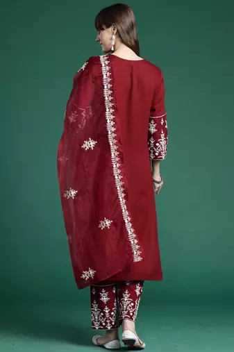 Maroon embroidered viscose rayon kurta trouser dupatta set